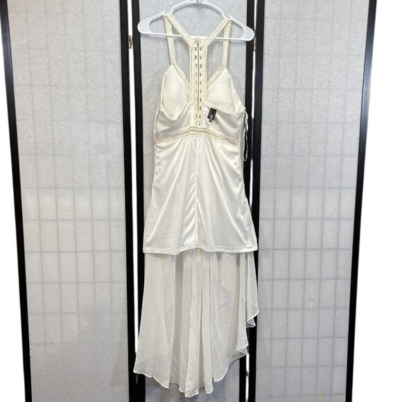 Lulus Racer Back V Neck Lace Waist Hook Eye Closure Lined Hi Low Dress Cream L - Picture 6 of 11